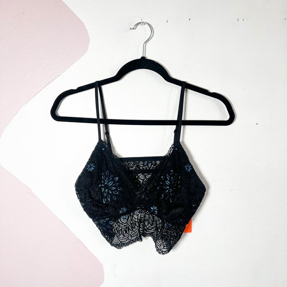 Colsie Black Lace Bralette Women's Large Shimmery Floral Rave Festival Goth